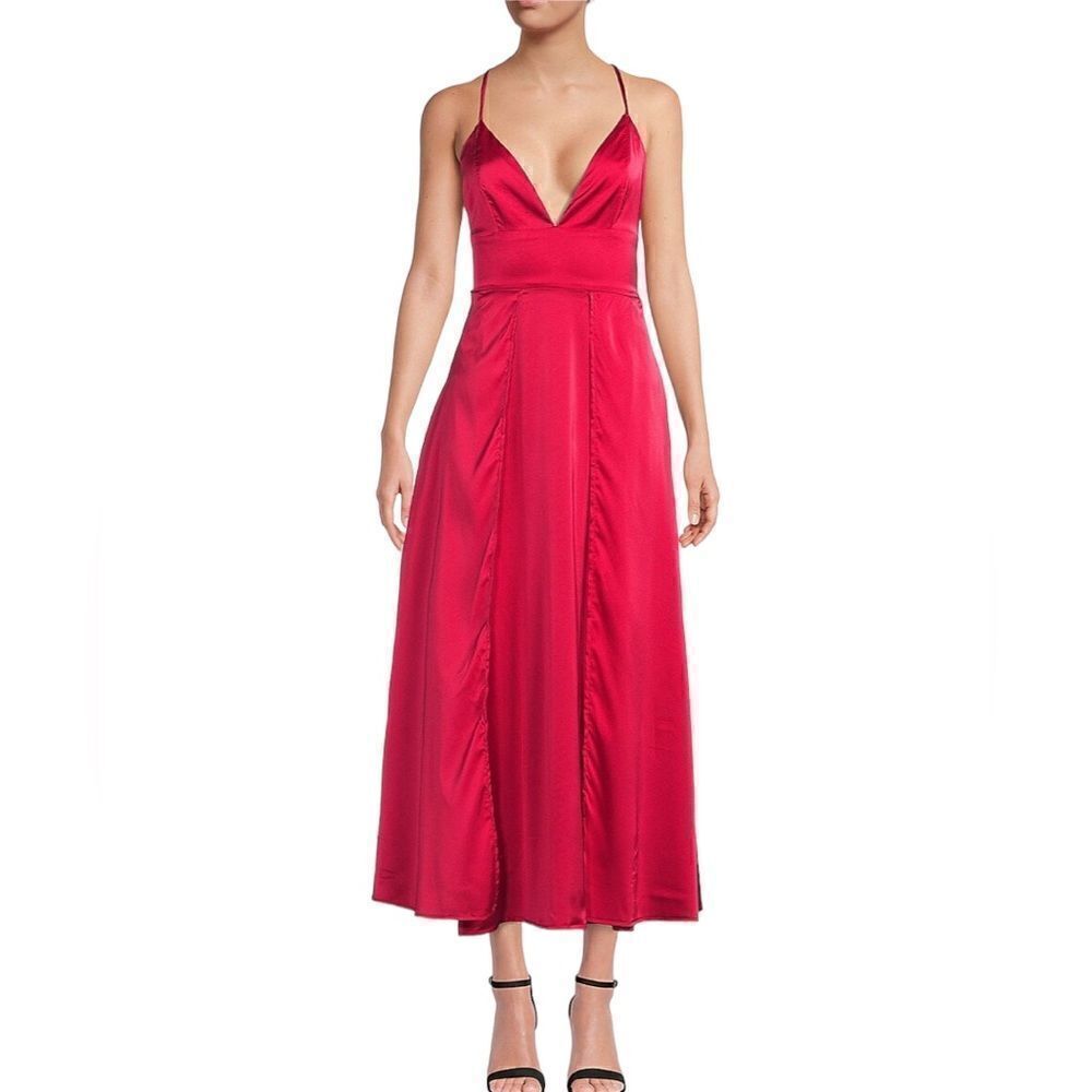 AREA STARS Women's Red Tailored Fit Satin Midi Dress Size Large / L NEW